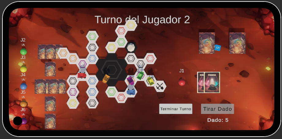 Partida en curso en la app de La Mina con el tablero de hexagonos